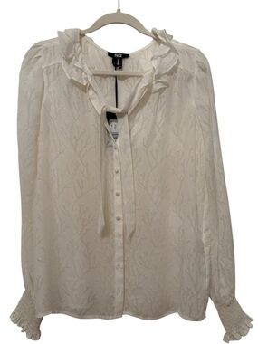 NWT  White Dionna Ruffle Tie Neck Button Down Blouse M